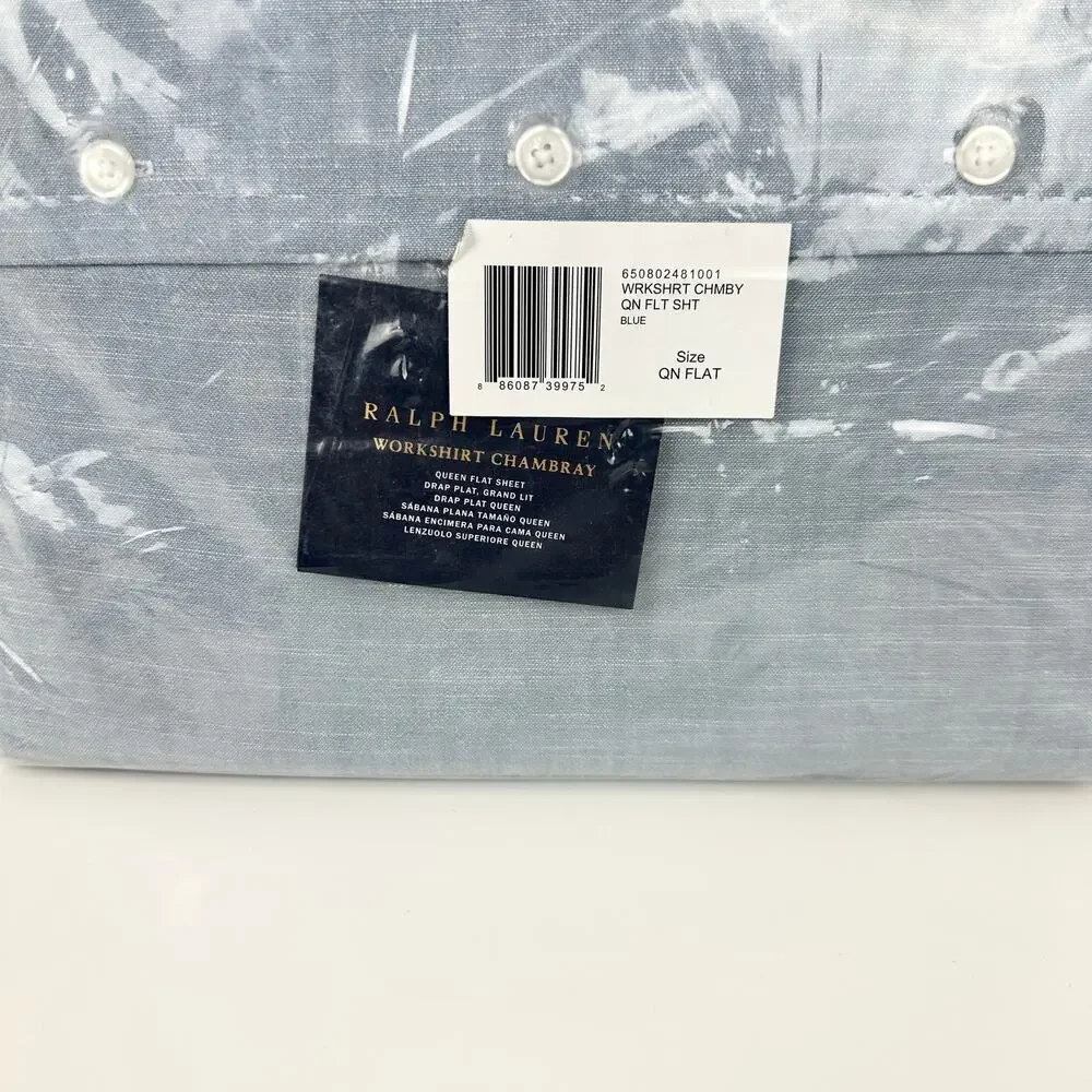 Ralph Lauren Queen Flat Sheet Workshirt Chambray Cotton Blue $215 NEW NWT